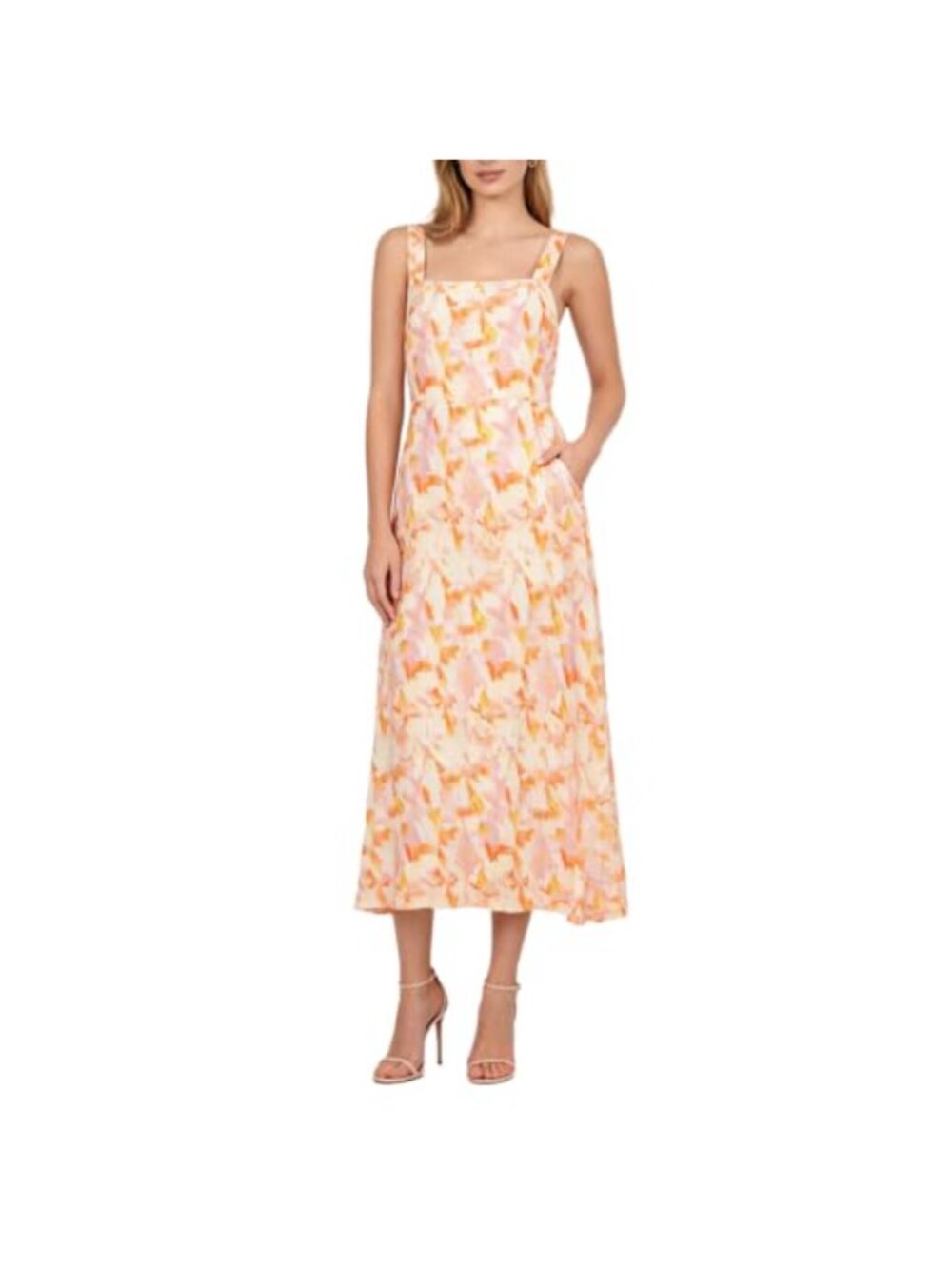 Pure Linen Midi Dress with Pockets Square Neck Adjustable Straps Sleeveless